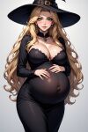  big_breasts blonde_hair green_eyes looking_at_viewer smiling_at_viewer vore_belly vore_implied witch witch_hat 