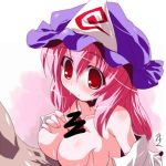 1girl breasts censored hat hazumi_miruku lowres miuku_(marine_sapphire) paizuri penis pink_hair red_eyes saigyouji_yuyuko solo solo_focus sweat touhou yuyuko_saigyouji