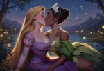  2_girls arm_at_side arm_sleeves bare_shoulders black_hair blonde_female blonde_hair blurry blush bopitphy breasts cleavage closed_eyes collarbone company_connection couple crossover curly_hair dark-skinned_female dark_skin depth_of_field disney disney_princess dress duo eyeshadow female/female female_only fireflies green_dress hair_bun hair_ornament interracial interracial_couple interracial_yuri kissing light_particles lips lipstick long_dress long_hair long_sleeves love makeup medium_breasts multiple_girls mutual_yuri neck night night_sky off-shoulder_dress off_shoulder outside pink_lipstick princess princess_tiana puffy_long_sleeves puffy_sleeves purple_dress purple_lipstick rapunzel rapunzel_(tangled) romantic romantic_couple short_hair short_sleeves sitting sky small_breasts straight_hair swamp tangled tangled_(disney) the_princess_and_the_frog tiana tied_hair tree very_long_hair water yuri 