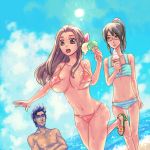 1boy 2girls :o agata_soujirou areola_slip areolae asahina_kikuno ass bad_id bare_shoulders beach big_breasts bikini black_hair breasts brown_hair cloud crossed_arms food glasses groin hair high_heels holding ice_cream ice_cream_cone kikuno_asahina large_breasts lipstick loc_(pixiv) mimori_unyuu mound_of_venus multiple_girls navel nipples open_mouth ponytail pussy ribbon ribbons sandals shoes sket_dance sky soujirou_agata striped striped_bikini striped_swimsuit sun swimsuit torn_clothes unyuu_mimori wading wardrobe_malfunction water