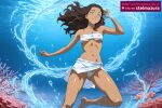  1girl ai_assisted ai_generated avatar:_the_last_airbender bandeau barefoot bikini blue_eyes breasts brown_hair bubble cameltoe coral covered_nipples dark-skinned_female dark_skin female freediving katara long_hair looking_at_viewer medium_breasts navel nickelodeon nicktoons nipples sarong see-through smile solo stelmazura strapless swimming swimsuit tube_top underwater water white_sarong 