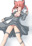 animal_ears braid cat_ears cat_tail female garters kaenbyou_rin liya panties red_eyes red_hair ribbon ribbons rin_kaenbyou solo striped striped_panties tail touhou twin_braids twintails underwear wink