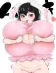  1girl alternate_breast_size_(larger) alternative_bust_size alternative_costume animal_ears bangasa_bangaichi big_breasts black_hair blush bodily_fluids bottomless breasts bunny_ears cleavage cleft_of_venus clothing clothing_cutout cowboy_shot dress floppy_ears gigantic_breasts half-closed_eyes heart high_resolution inaba_tewi lips looking_at_viewer nose open_mouth paizuri_invitation pink_dress pink_shirt portrait pussy red_eyes shirt short_hair simple_background solo sound_effects steaming_body sweat teeth torn_clothes torn_shirt touhou touhou_project upper_teeth upper_teeth_only white_background 