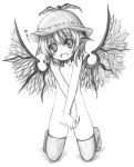  1girl animal_ears covering covering_crotch female fingernails flat_chest footwear hat kneeling kurona long_fingernails monochrome mystia_lorelei nude nude_cover socks solo thighhighs touhou v_arms wings 