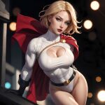  1girl arm_support bare_legs belt big_breasts black_belt black_gloves blonde_female blonde_hair blue_eyes breasts cape cleavage cleavage_cutout closed_mouth dc_comics expressionless female_only female_solo gloves head_tilt justice_society_of_america legs leotard lips lipstick looking_at_viewer makeup mound_of_venus neck power_girl red_cape red_lipstick serious sghero1234 sghero1234_(artist) short_hair standing superman/batman:_public_enemies thighs turtleneck turtleneck_leotard white_leotard 