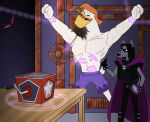 2023 2boys anthro black_arts_beagle black_hair cape clothed clothed_male disney dog duck ducktales ducktales_(2017) launchpad_mcquack magic male_tickling orange_hair restrained restraints shirtless tejedora713 tickle_torture tickling tickling_belly tickling_neck