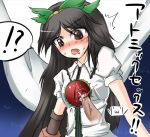  !? 1girl black_hair blush brown_eyes brown_hair cum depth_bomb disembodied_penis emoticon eye_penetration facial light_skin long_hair magic_penis penis penis_chest penis_in_eye reiuji_utsuho ribbon ribbons shimo_(depthbomb) solo_focus touhou translated uncensored what wings 