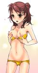  1girl atlus bad_id bikini blush breast_grab breasts brown_eyes brown_hair cameltoe covering covering_breasts heart kujikawa_rise megami_tensei nipple_slip nipples persona persona_4 saikawa_yusa short_hair solo swimsuit twintails udk yellow_bikini young 