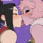2_girls ai_generated black_eyes black_hair boku_no_hero_academia french_kiss haze911 light-skinned_female light_skin mina_ashido momo_yaoyorozu my_hero_academia pink_body pink_hair pink_skin ponytail saliva short_hair tongue_out voluptuous voluptuous_female yellow_pupils yuri