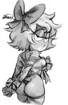 1girl amphibia arms_behind_back ass bedroom_eyes bound bound_wrists bow breasts christmas disney female_focus frog_girl furry furry_female greyscale hair_bow irishfeller long_eyelashes monochrome polly_plantar ribbon small_breasts