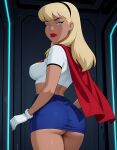  1girl alien_girl arms_at_sides ass bare_legs big_ass black_hairband blonde_female blonde_hair blue_eyes blue_skirt breasts cape closed_mouth dc_comics female_only female_solo from_behind gloves hair_ornament hairband half-closed_eyes heroine indoors justice_league justice_league_unlimited kara_zor-el kryptonian legs legs_together lips lipstick long_hair looking_at_viewer looking_back makeup medium_breasts midriff miniskirt naughty_face neck pencil_skirt red_cape red_lipstick sghero1234 sghero1234_(artist) shirt short_sleeves skirt smile standing straight_hair supergirl superhero_costume superheroine superman:_the_animated_series superman_(series) teen teenage_girl thighs white_gloves white_shirt 