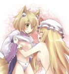 2_girls animal_ears bare_shoulders blonde_hair bonnet breasts dressing female female_only flat_chested frills kiji_(manekinuko-tei) long_hair manekinukotei midriff multiple_girls panties print_panties printed_panties ran_yakumo shirt_lift short_hair sideboob small_breasts teen touhou underwear yakumo_ran yakumo_yukari yellow_eyes young younger yukari_yakumo yuri