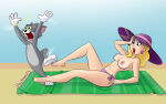  1girl 2025 beach breasts cat earrings feet hackman23 hat laying_down navel nude nude_beach nude_female pet_store_mom sunglasses toes tom_(tom_and_jerry) tom_and_jerry tom_cat warner_bros._animation warner_brothers 