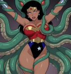 1girl 1other amazon angry animal aqua_skin armpits arms_up bangs bare_arms bare_legs bare_shoulders big_breasts black_hair blue_eyes blue_leotard bondage bracer breasts cleavage collarbone dc_comics dcau defeated defeated_female defeated_heroine defeated_superheroine diana_prince earrings gold_jewelry gradient gradient_background green_skin grey_background head_tilt heroine highleg highleg_leotard huge_breasts jewelry justice_league justice_league_unlimited kraken legs legs_together leotard lips lipstick long_hair looking_at_viewer makeup monster mound_of_venus multicolored_clothes multicolored_leotard neck nervous octopus octopus_tentacle open_mouth parted_bangs red_eyes red_leotard red_lipstick restrained round_teeth sghero1234 sghero1234_(artist) silver_bracer silver_earrings silver_jewelry standing star star_(symbol) star_earrings star_print straight_hair strapless strapless_leotard superhero_costume superheroine teeth tentacle tentacle_bondage themysciran thick_thighs thighs tiara two-tone_leotard upper_teeth upper_teeth_only wonder_woman wonder_woman_(dcau) wonder_woman_(series)