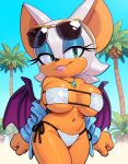  1girl 1girl ai_generated anthro bat_wings big_breasts big_breasts bikini cleavage eyepatch_bikini eyeshadow female_focus furry furry_female green_eyes lips lipstick navel necklace open_clothes open_jacket rouge_the_bat sega sonic_the_hedgehog_(series) stable_diffusion sunglasses sunglasses_on_head white_hair 