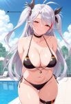 1girl ai_generated arms_behind_back azur_lane big_breasts bikini black_bikini black_choker black_ribbon breasts choker female_only hair_ribbons long_hair orange_eyes outdoor_pool outside pool poolside prinz_eugen_(azur_lane) prinz_eugen_(unfading_smile)_(azur_lane) red_hair ribbons smile solo_female streaked_hair thighlet twin_tails vegaforge white_hair