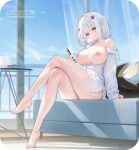  1girl azur_lane big_breasts blouse blush breasts breasts_out edit explorer_(azur_lane) female_only hair_accessory hair_ornament holding_phone legs_crossed living_room mofumochii nipples partially_clothed phone siren_(azur_lane) sitting_on_couch smile solo_female tail third-party_edit white_blouse white_hair yellow_eyes 
