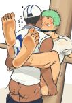 2boys ass barefoot black_hair bottomless cloth_gag dark-skinned_male dark_skin dirty_feet dubious_consent earrings feet foot_fetish gagged gay_sex green_hair hearts human human_only leg_hair male male_feet male_foot_fetish marines_(one_piece) no_visible_genitalia one_eye_closed one_piece pants_down pre-timeskip roronoa_zoro scars short_hair standing standing_sex sweat sweaty tan_skin teng105ggg yaoi