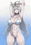 1girl abs ai_generated armpits bikini blush grey_hair grin happy happy_female heart horse horse_ears horse_girl horse_tail light-skinned_female light_skin looking_at_viewer oguri_cap_(umamusume) one_eye_closed silver_hair smile smirk stretching swimsuit thick_thighs thighs truck-kun_art umamusume umamusume_pretty_derby v