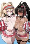 2_girls ai_generated bay_(nikke) black_hair blonde_hair blush breast_press breasts cheerleader cheerleader_outfit cheerleader_uniform chocolate_and_vanilla clay_(nikke) collarbone dark-skinned_female dark_skin duo embarrassed goddess_of_victory:_nikke grin huge_breasts light-skinned_female light_skin looking_at_viewer mole navel nipples smile smirk sweat sweatdrop sweating tan tanned tanned_female tanned_skin thick_thighs thighs truck-kun_art white_background yuri
