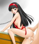  1girl akanako amagi_yukiko apron atlus black_hair blush breasts censored chain chains collar cum from_behind hairband headband leash naked_apron nipple nipple_slip nipples penis persona persona_4 pubic_hair sex sex_slave sideboob slave solo_focus 