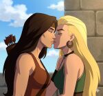  2_girls amora_(tales_of_asgard) archer arm_at_side armband arrow_(projectile) bangs bare_arms bare_shoulders black_armband black_choker black_eyes black_hair blonde_female blonde_hair breasts brown_headband brown_tank_top castle choker closed_eyes closed_mouth cloud couple day duo earrings enchantress_(amora) expressionless female/female female_only green_tank_top half-closed_eyes headband hoop_earrings jayhardly8706 jewelry kissing lips lipstick long_hair looking_at_another love makeup marvel marvel_animated_features medium_breasts multiple_girls mutual_yuri neck necklace outside parted_bangs pink_lipstick quiver romantic romantic_couple sif_(tales_of_asgard) sky straight_hair tales_of_asgard tank_top thor:_tales_of_asgard thor_tales_of_asgard upper_body yuri 