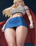  1girl alien_girl alternate_breast_size arms_at_sides bare_legs big_breasts black_hairband black_panties black_underwear blonde_female blonde_hair blue_eyes blue_skirt breasts cape clenched_hands dc_comics female_only female_solo from_below gloves hair_between_eyes hair_ornament hairband half-closed_eyes heroine justice_league justice_league_unlimited kara_zor-el kryptonian legs legs_together lips lipstick long_hair looking_at_viewer looking_down makeup midriff miniskirt navel night night_sky outside panties pantyshot pantyshot_(standing) parted_lips pencil_skirt red_cape red_lipstick serious sghero1234 sghero1234_(artist) shirt short_sleeves skirt sky standing straight_hair supergirl superhero_costume superheroine superman:_the_animated_series superman_(series) teen teenage_girl thighs underwear white_gloves white_shirt 