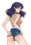  1girl 1girl anus anus_peek ass brown_eyes clothed clothed_female looking_at_viewer looking_back misato_katsuragi neon_genesis_evangelion purple_hair shorts solo_female tank_top thighs 