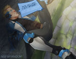 1boy 2018 abs blonde_hair day english_text frustrated fully_clothed human jack_morrison legs_spread male nsfwfandom outside overwatch solo_male soynutts speech_bubble stuck stuck_in_wall