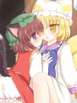  2_girls 2girls animal_ears blonde_hair bloomers blush breast_grab breasts brown_hair cat_ears cat_tail chen chen_yakumo china_dress chinadress chinese_clothes dress female fox_ears fox_tail grabbing hat kiss kissing multiple_girls multiple_tails pussy_juice ran_yakumo ry saliva saliva_trail short_hair stain tail touhou underwear wet yakumo_ran yuri 