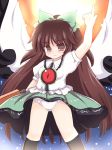  1girl brown_hair female long_hair panties reiuji_utsuho ry skirt skirt_lift smile solo touhou underwear upskirt wings 