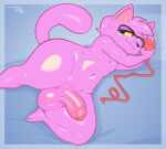 1girl anthro balls biped domestic_cat eyewear eyewear_only felid feline felis frumples frumples_(character) fur genitals glasses glasses_only high_res humanoid_genitalia humanoid_penis male mammal navel nude one_eye_closed penis pink_body pink_fur wearing_glasses