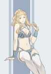  1girl 1girl alluring bikini blonde_hair bra clair_(fire_emblem) female_focus fire_emblem fire_emblem_echoes:_shadows_of_valentia iktk intelligent_systems long_hair looking_at_viewer medium_breasts navel nintendo panties ponytail simple_background smile stockings swimsuit underwear underwear_only 