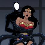  1girl 1other amazon angry arms_at_sides bangs bare_arms bare_shoulders behind_another big_breasts black_hair blue_eyes blue_leotard bondage breasts cleavage collarbone dc_comics dcau defeated defeated_female defeated_heroine defeated_superheroine diana_prince earrings from_behind_position gold_jewelry grey_background heroine highleg highleg_leotard inque jewelry justice_league justice_league_unlimited leotard lips lipstick long_hair looking_at_viewer makeup mound_of_venus multicolored_clothes multicolored_leotard neck open_mouth parted_bangs red_leotard red_lipstick restrained round_teeth screaming sghero1234 sghero1234_(artist) silver_earrings silver_jewelry standing star star_(symbol) star_earrings star_print straight_hair strapless strapless_leotard superhero_costume superheroine supervillain teeth tentacle tentacle_bondage themysciran tiara two-tone_leotard upper_teeth upper_teeth_only villain wonder_woman wonder_woman_(dcau) wonder_woman_(series) 