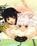  barefoot bed black_hair blush breasts brown_eyes duplicate flat_chest fujiwara_no_mokou houraisan_kaguya kaguya_houraisan kfc long_hair lying multiple_girls on_stomach open_mouth panties pillow playing_games reading red_eyes ribbon sega sega_mega_drive topless touhou underwear video_game white_hair white_panties yuu_(kfc) 