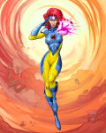  1girl blue_bodysuit blue_boots blue_eyes blue_footwear blue_gloves bodysuit boots breasts closed_mouth female_only female_solo floating_hair flying footwear full_body gloves hand_up jean_grey lips lipstick long_hair looking_at_viewer magic makeup marvel marvel_comics medium_breasts multicolored_bodysuit multicolored_clothes naughty_face outstretched_arm patrick_brown patrickbrown pink_lipstick psychic red_hair skin_tight smile straight_hair two-tone_bodysuit x-men x-men:_the_animated_series yellow_bodysuit 