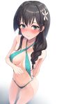 1girl 2020s 2024 alternate_costume alternate_hairstyle arm_behind_back big_breasts black_hair blue_eyes blush braid breasts breasts_apart closed_mouth criss-cross_halter female flower hair_flower hair_ornament hair_over_shoulder halterneck high_res k3rd long_hair looking_at_viewer medium_breasts navel o-ring o-ring_swimsuit perspective saten_ruiko single_braid slingshot_swimsuit solo standing swimsuit teen teenage_girl to_aru_kagaku_no_railgun to_aru_majutsu_no_index white_background wide_hips young