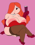  1girl areola areolae big_areola big_breasts big_nipples bottomless breasts busty cassettedream cleavage clothing dream-cassette dress drink elbow_gloves expressionless eyeshadow female female_only garter_straps gloves heels high_heels holding_object hoshime huge_areolae huge_breasts huge_nipples jessica_rabbit large_breasts legs_crossed light-skinned_female lipstick long_hair looking_at_viewer makeup mob_face necklace nipple_slip nipples pearl_necklace red_hair shoes simple_background sitting solo thick_thighs who_framed_roger_rabbit 