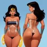 1girl alternate_costume amazon arms_at_sides ass back bangs bare_arms bare_back bare_legs bare_shoulders big_ass big_breasts black_hair black_one-piece_swimsuit blue_background blue_eyes bracer breasts collarbone covered_navel dc_comics diana_prince eyeshadow female_only female_solo gold_jewelry grin half-closed_eyes heroine highleg highleg_one-piece_swimsuit highleg_swimsuit jewelry justice_league justice_league_unlimited lasso_of_truth legs legs_together lips lipstick long_hair looking_to_the_side makeup mound_of_venus multiple_views naughty_face neck one-piece_swimsuit parted_bangs parted_lips phophopho red_lipstick rope see-through see-through_one-piece_swimsuit see-through_swimsuit silver_bracer silver_earrings silver_jewelry simple_background smile standing star star_(symbol) star_earrings star_print straight_hair strapless strapless_one-piece_swimsuit strapless_swimsuit superheroine swimsuit themysciran thick_thighs thighs tiara wonder_woman wonder_woman_(series)