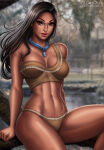  1girl arm_support bangs bare_legs bare_shoulders big_breasts black_hair blue_necklace breasts breasts_apart brown_eyes closed_mouth dark-skinned_female dark_skin day disney female_only female_solo flowerxl forest jewelry legs lips lipstick long_hair looking_at_viewer makeup midriff native_american nature naughty_face navel neck necklace outside parted_bangs pink_lipstick pocahontas pocahontas_(character) red_lipstick smile straight_hair thick_lips thighs tree 
