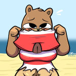  1:1 anthro big_breasts black_eyes blush bodily_fluids body_hair bottomless bottomless_female bottomwear breasts brown_body brown_fur cleavage clothed clothing embarrassed embarrassed_female female fur happy_trail hi_res mammal mustelid olive_otter otter partially_clothed_anthro partially_clothed_female pubes shipwrecked_64 solo sweat sweatdrop swimwear theenfman torn_bottomwear torn_clothing torn_swimsuit torn_swimwear 