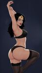 1girl alternate_costume amazon armpits arms_up ass bangs bare_arms big_ass big_breasts black_bra black_hair black_legwear black_lingerie black_panties black_thighhighs black_underwear blue_eyes bra breasts dc_comics diana_prince from_behind gold_jewelry grey_background heroine huge_ass jewelry justice_league justice_league_unlimited legs legwear lingerie lips lipstick long_hair looking_at_viewer makeup medium_breasts midriff neck open_mouth panties parted_bangs red_lipstick round_teeth sghero1234 sghero1234_(artist) smile standing standing_on_one_leg star star_(symbol) star_print stockings straight_hair superheroine teeth themysciran thick_thighs thighs tiara underwear upper_teeth upper_teeth_only wonder_woman wonder_woman_(series)