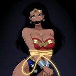  1girl amazon angry arms_tied arms_tied_in_front bangs bare_arms bare_legs bare_shoulders big_breasts black_background black_hair blue_eyes blue_leotard bondage bracer breasts cleavage collarbone dc_comics dcau diana_prince earrings female_only female_solo gag gagged_female gold_jewelry gradient gradient_background grey_background half-closed_eyes heroine highleg highleg_leotard jewelry justice_league justice_league_unlimited lasso_of_truth legs leotard long_hair looking_at_viewer mound_of_venus multicolored_clothes multicolored_leotard neck parted_bangs red_leotard rope rope_bondage serious sghero1234 sghero1234_(artist) silver_bracer silver_earrings silver_jewelry standing star star_(symbol) star_earrings star_print straight_hair strapless strapless_leotard superhero_costume superheroine themysciran thighs tiara two-tone_leotard v_arms wonder_woman wonder_woman_(dcau) wonder_woman_(series) 