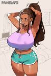 1girl ai_art ai_generated annoyed armpits artstyle_imitation blush breasts brown_hair clothed clothed_female collarbone dark-skinned_female dark_skin gigantic_breasts green_eyes high_ponytail huge_breasts long_hair looking_at_viewer midriff nai_diffusion navel novelai pamelafb ponytail self_upload short_shorts sweat sweatdrop sweating thiccwithaq_(ai_style) thick_thighs thighs tummy