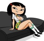  aged_up artist_request asian asian_female ass_peek big_breasts black_hair blank_background breasts cleavage couch crossed_legs hair_ornament kitty_ko long_socks looking_to_the_side mary_janes miniskirt multicolored_skirt neck_tie open_clothes open_shirt short_hair sidekick sidekick_(series) simple_background sitting smile sofa thick_thighs tie wallyroo1997 white_shirt 