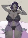 1girl absurd_res bed big_breasts black_bra black_choker black_gloves black_panties blue_socks blush bra breasts cameltoe choker closed_eyes colored_skin commentary dc_comics female flowerpigeon flowerpigeon73 forehead_jewel gloves grey_skin high_res lace lingerie multicolored_socks open_mouth panties purple_hair raven_(dc) see-through_clothes short_hair socks solo striped_clothes striped_socks teen_titans underwear untranslatable_commentary waking_up white_socks