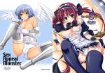 2girls airi airi_(queen's_blade) angel angel_wings asymmetrical_wings blue_eyes blue_hair green_eyes maid multiple_girls nanael panties polka_dot polka_dot_panties queen's_blade queen's_blade red_hair thighhighs twintails underwear up_skirt upskirt wings yuuki_hagure zettai_ryouiki