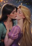  2_girls back bangs black_hair blonde_female blonde_hair blush bopitphy breasts chinese_female cleavage closed_eyes collarbone company_connection couple crossover disney disney_princess dress duo eyeshadow fa_mulan female/female female_only grey_eyeshadow hand_on_another's_shoulder hand_up happy kissing lantern lips lipstick long_hair love makeup medium_breasts mulan mulan_(1998_film) multiple_girls mutual_yuri neck night night_sky open_mouth outside paper_lantern parted_bangs pink_lipstick plant princess puffy_long_sleeves puffy_sleeves purple_dress rapunzel rapunzel_(tangled) red_lipstick romantic romantic_couple sky small_breasts smile straight_hair tangled tangled_(disney) tree very_long_hair yuri 