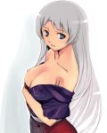 1girl alternate_hairstyle areolae bangs blue_eyes breast_hold breast_slip breasts cleavage clothes_down collarbone eirin_yagokoro erect_nipples female grey_hair hair kfc long_hair looking_at_viewer nipples no_bra no_hat no_headwear off_shoulder one_breast_out open_clothes open_mouth open_shirt shirt silver_hair simple_background solo standing straight_hair touhou very_long_hair white_background yagokoro_eirin yuu_(kfc)