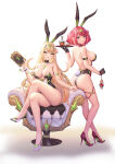  1girl 2_girls absurd_res alcohol alluring alternate_costume armlet ass back backless_leotard backless_outfit bangs bare_back bare_legs bare_shoulders bare_thighs big_breasts black_leotard blonde_hair blush book bowtie bunny_ears bunny_tail bunnysuit chair cleavage collar colored core_crystal crossed_legs crystal cuff_links cup drink drinking_glass earrings fake_animal_ears fake_rabbit_ears fake_tail gloves grin high_heels high_res holding_book holding_tray jewelry ken-san ken094378 large_ass latex leotard long_hair looking_at_viewer mythra_(xenoblade) nintendo playboy_bunny pyra_(xenoblade) red_eyes red_hair red_high_heels short_hair sideboob sitting sitting_on_chair smile smiling_at_viewer strapless strapless_leotard swept_bangs thick_thighs thigh_strap thighs tiara tray very_long_hair waitress whiskey white_high_heels wrist_cuffs xenoblade_(series) xenoblade_chronicles_2 yellow_eyes 